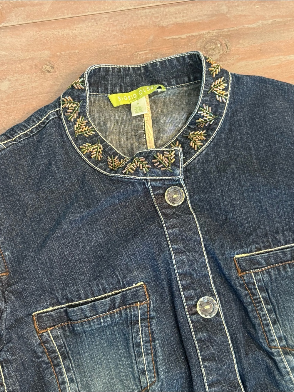 Sigrid Olsen Denim Jacket Beaded Collar Women’s Sz 6 Preowned - Picture 3 of 10